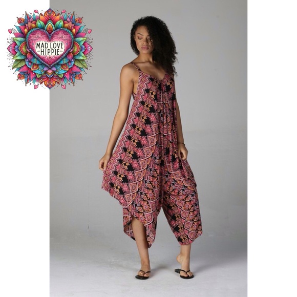 Angie Pants - ANGIE Batik Print V Neck Sleeveless Slouchy Harem Jumpsuit Cropped